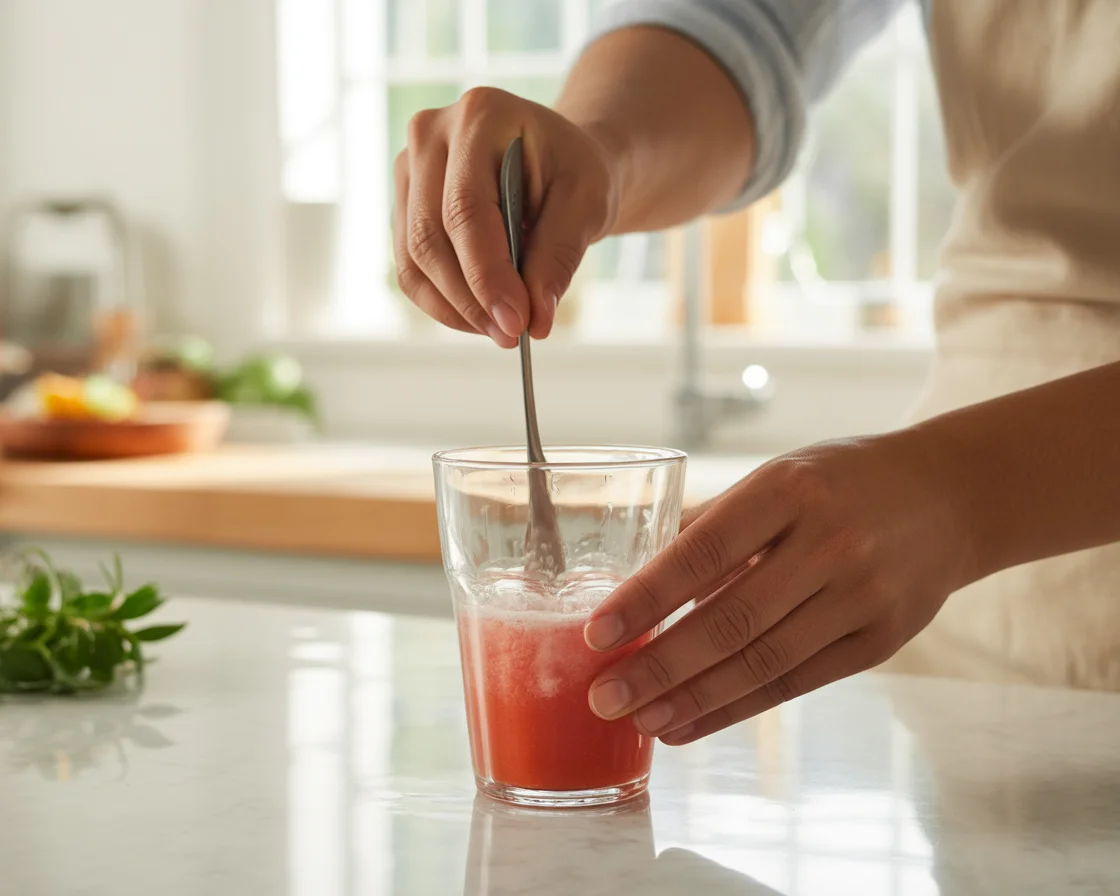 Hands stirring Himalayan pink salt into a refreshing pink weight loss drink, showcasing the salt trick recipe method.