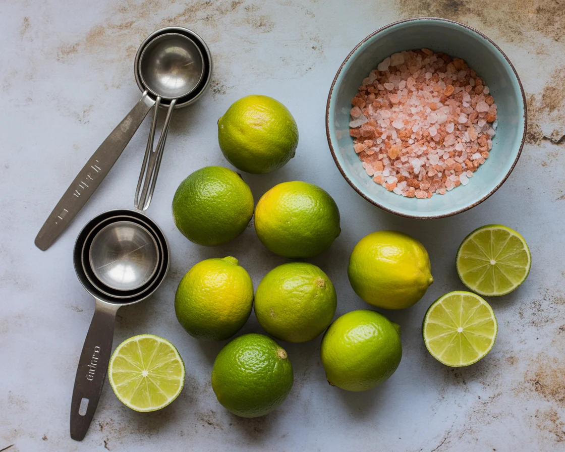 Fresh limes and Himalayan pink salt ingredients for weight loss drink recipe, arranged with measuring spoons for easy preparation.
