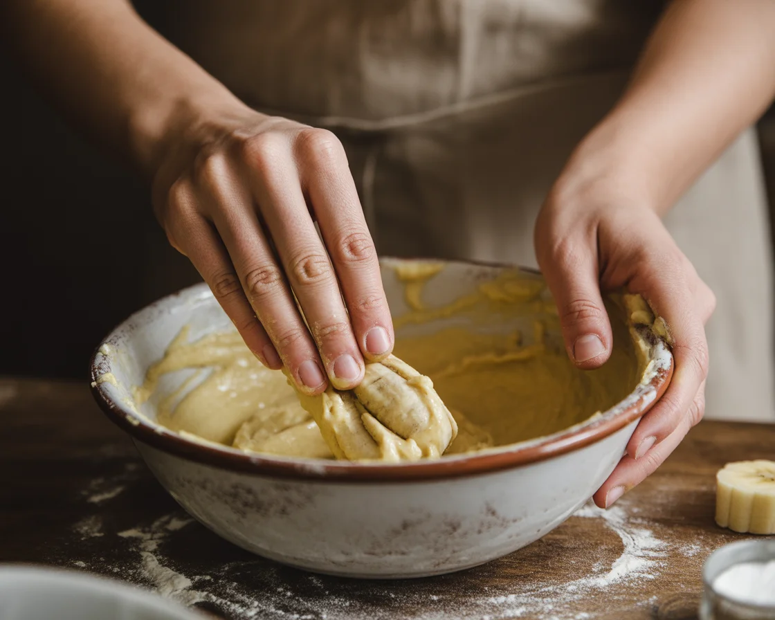 Hands folding banana slices into oat flour bread batter in ceramic mixing bowl, preparing homemade banana bread.