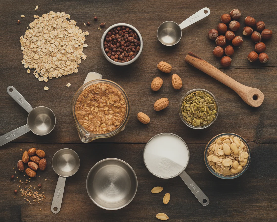 an overlay head shot for Seeds and Grains Gluten-Free Bread Recipe ingredients on a table