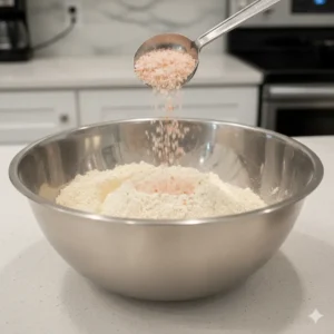 Mixing flour blend and pink salt in a bowl
