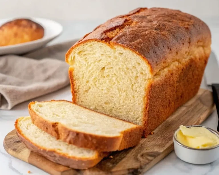 Sliced gluten-free cottage cheese protein bread with golden crust and fluffy texture on wooden cutting board