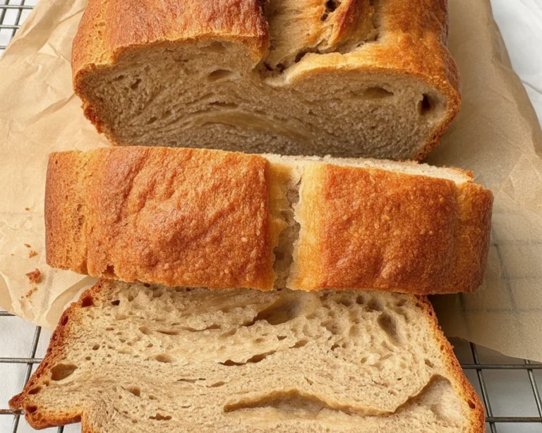 A loaf of Cottage Cheese Banana Bread, made without flour or baking soda, showcasing its healthy ingredients.