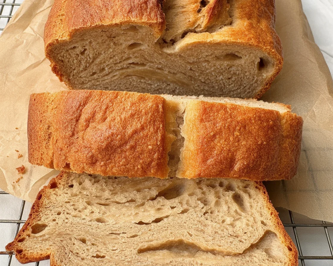 A loaf of Cottage Cheese Banana Bread, made without flour or baking soda, showcasing its healthy ingredients.