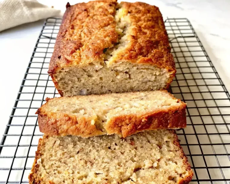 Sliced cottage cheese banana bread on cooling rack — no flour, no baking soda; moist, protein-rich flourless banana bread with golden crust