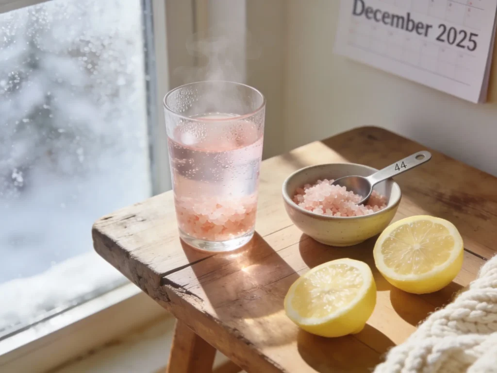 December 2025 update showing Himalayan pink salt morning drink on wooden table with fresh lemon, measuring spoon, and cozy winter setting for long-term weight loss routine results