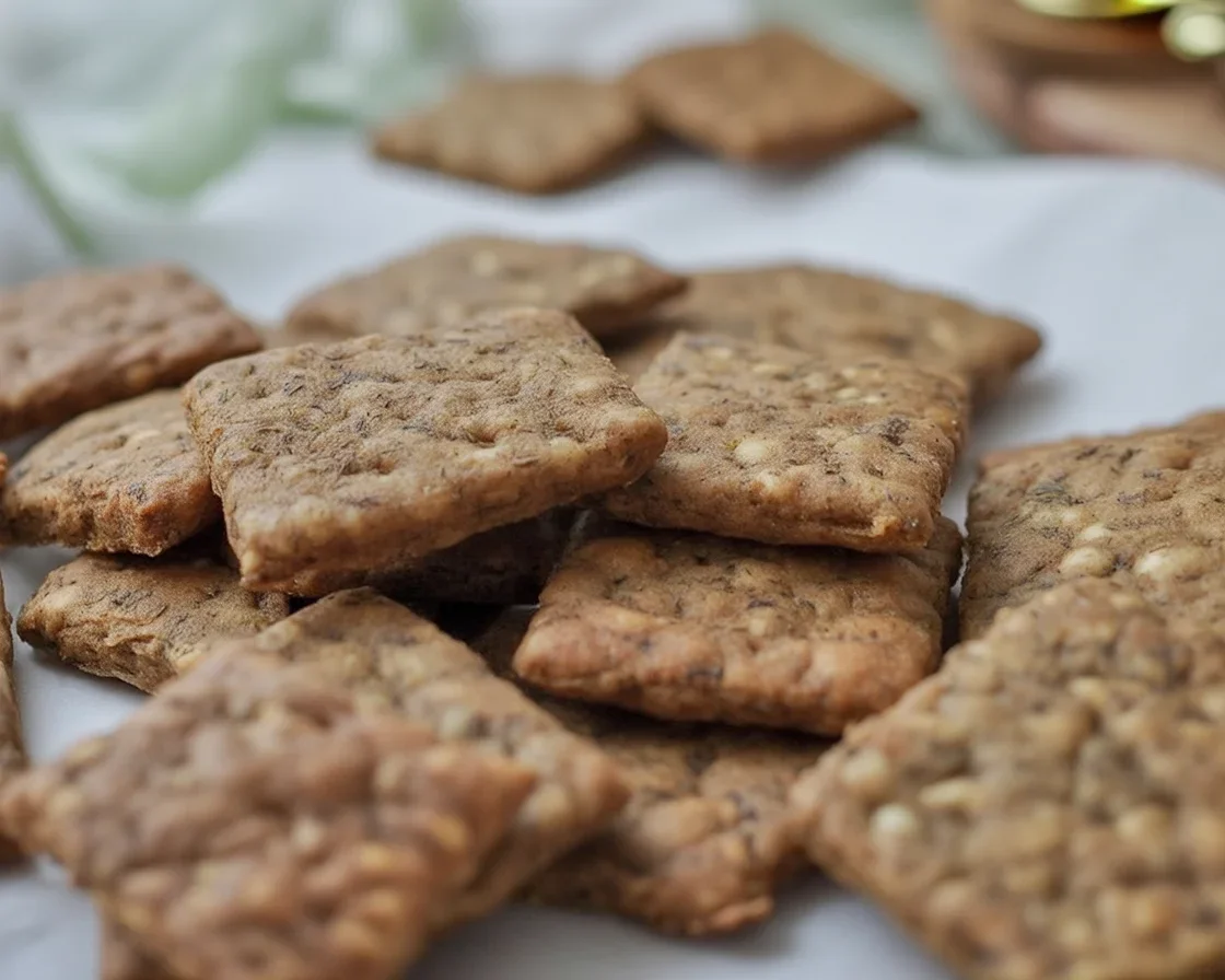 Gluten-free crackers topped with Himalayan pink salt, perfect for snacks.