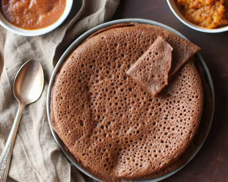 Overhead view of Teff injera flatbread showing traditional Ethiopian spongy texture on plate