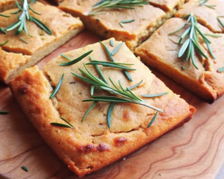 Golden gluten-free high-protein chickpea focaccia flatbread topped with fresh rosemary on wooden board