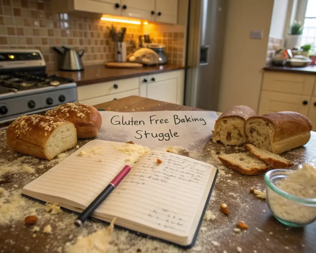 Gluten free baking struggle scene with homemade bread loaves and recipe notebook on kitchen counter, demonstrating better baking with Himalayan pink salt tips.