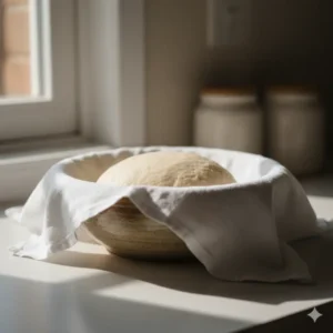 Ball of gluten free dough resting in a ceramic bowl near a window with natural light