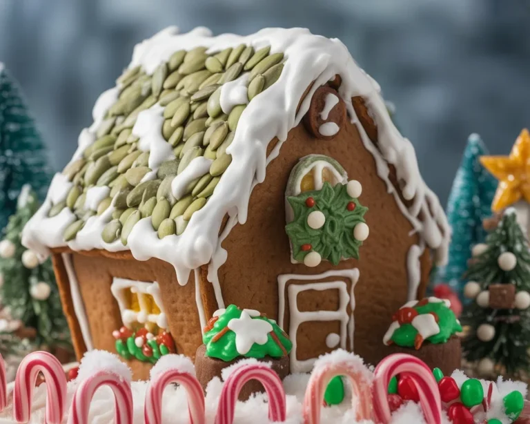 Gluten Free Gingerbread House decorated with colorful icing and sweets.