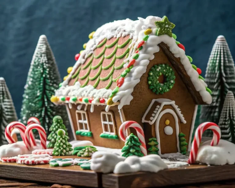 Elaborate gluten-free gingerbread house Christmas display with detailed pink scalloped roof tiles, white royal icing snow, green wreath door decoration, candy cane pathway, decorative Christmas trees, and winter wonderland scene on wooden base