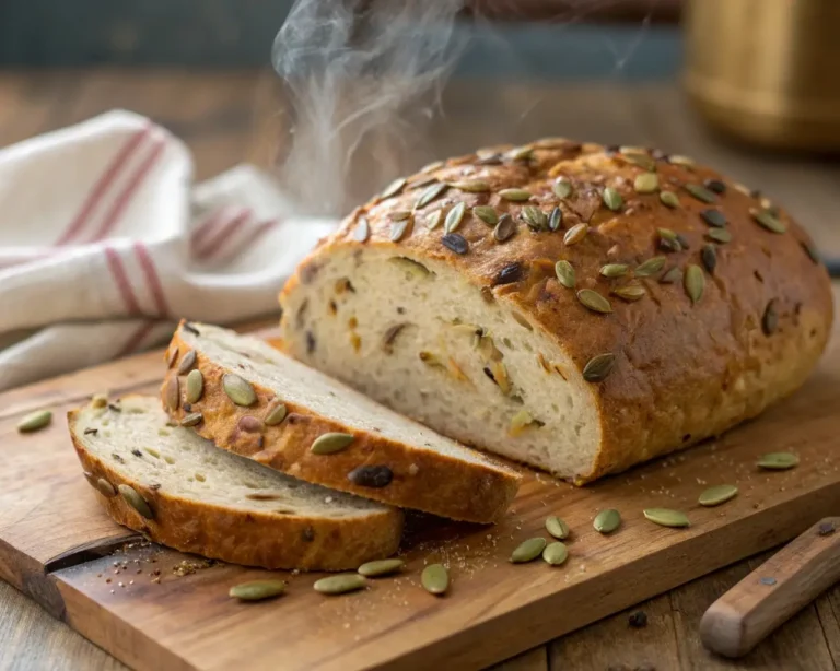 Freshly baked seeds and grains gluten-free artisan bread sliced on wooden cutting board with pumpkin seeds topping