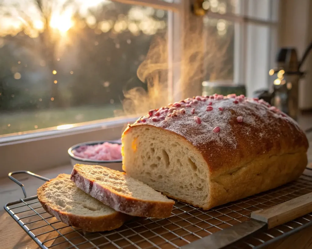 Freshly baked artisan gluten-free bread loaf topped with pink Himalayan salt crystals on cooling rack by sunny window, showing wellness baking recipe results.