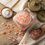 Himalayan pink salt crystals in glass jar with wooden bowls and measuring tools for baking and wellness recipes guide.