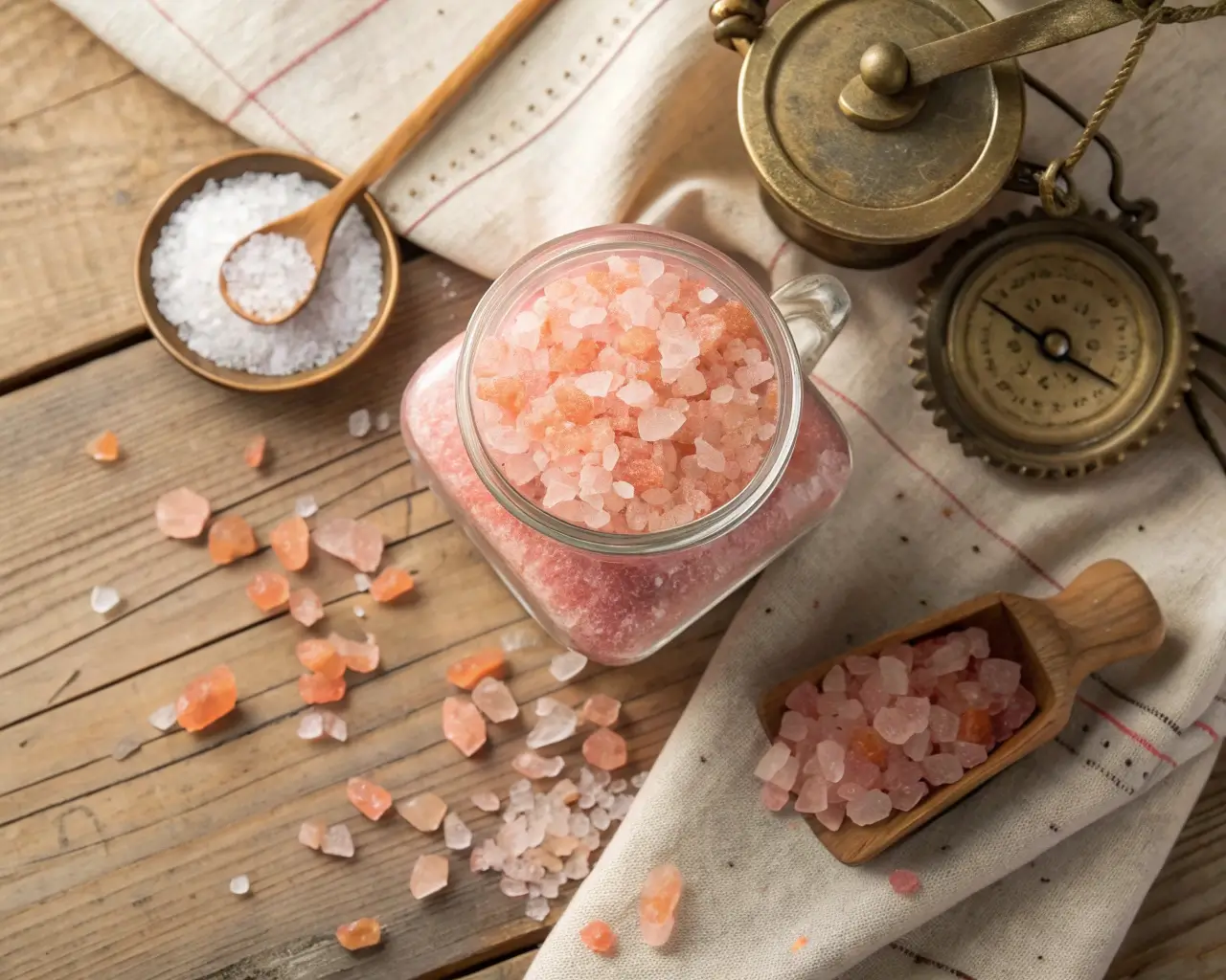 Himalayan pink salt crystals in glass jar with wooden bowls and measuring tools for baking and wellness recipes guide.