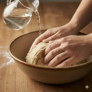 Kneading gluten free cracker dough by hand in a ceramic bowl with Himalayan pink salt trick and water
