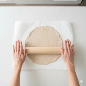 Rolling out gluten free cracker dough with Himalayan pink salt trick using a wooden rolling pin and parchment paper