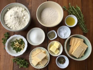 Ingredients for gluten free crackers recipe with Himalayan pink salt trick displayed on a wooden table