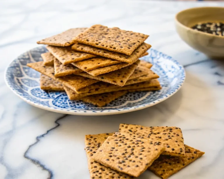 Gluten free crackers made with Himalayan pink salt and black sesame seeds stacked on a blue patterned plate