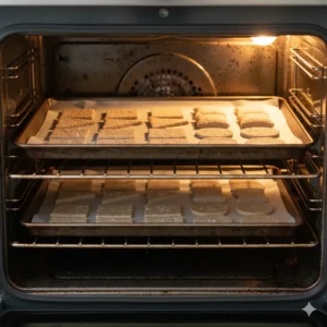 Baking gluten free crackers topped with Himalayan pink salt trick on trays in the oven