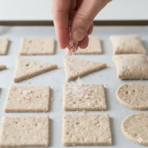 Sprinkling Himalayan pink salt on gluten free cracker dough shapes before baking for extra flavor