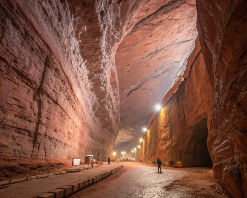 Inside Khewra salt mine showing towering pink Himalayan salt walls and illuminated pathways where natural pink salt for baking and wellness is sourced.