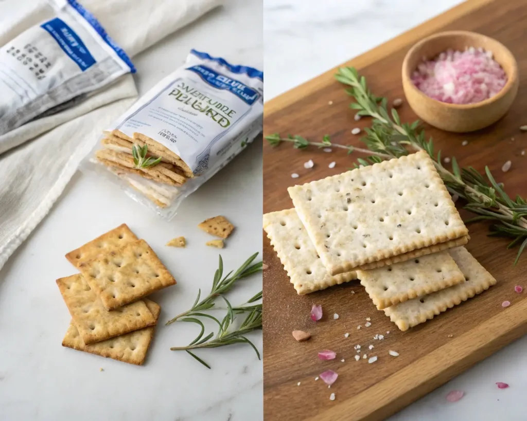Rosemary crackers with Himalayan pink salt on wooden board and white surface, showing savory baking with pink salt recipes.