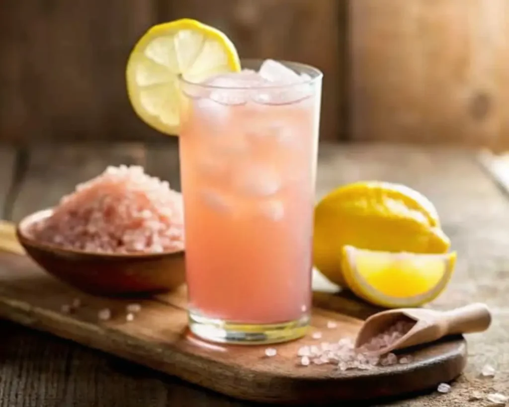 Himalayan pink salt weight loss drink with lemon on wooden board, showing pink salt in bowl and scoop for wellness recipe.