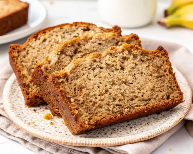 Sliced oat flour banana bread on a speckled plate, showing moist texture and golden crust for healthy homemade baking.