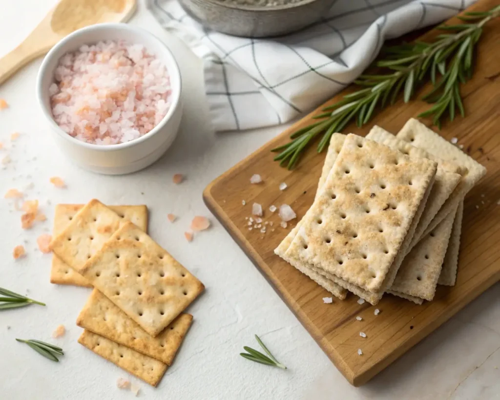 Homemade crackers with fresh rosemary and Himalayan pink salt on cutting board, healthy baking recipe for wellness snacks.