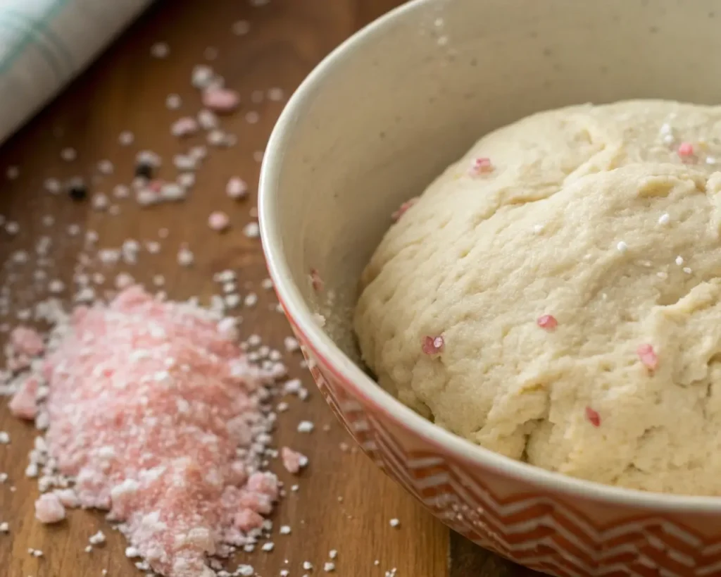 Gluten-free bread dough with visible pink salt flecks in ceramic bowl showing Himalayan salt baking technique.