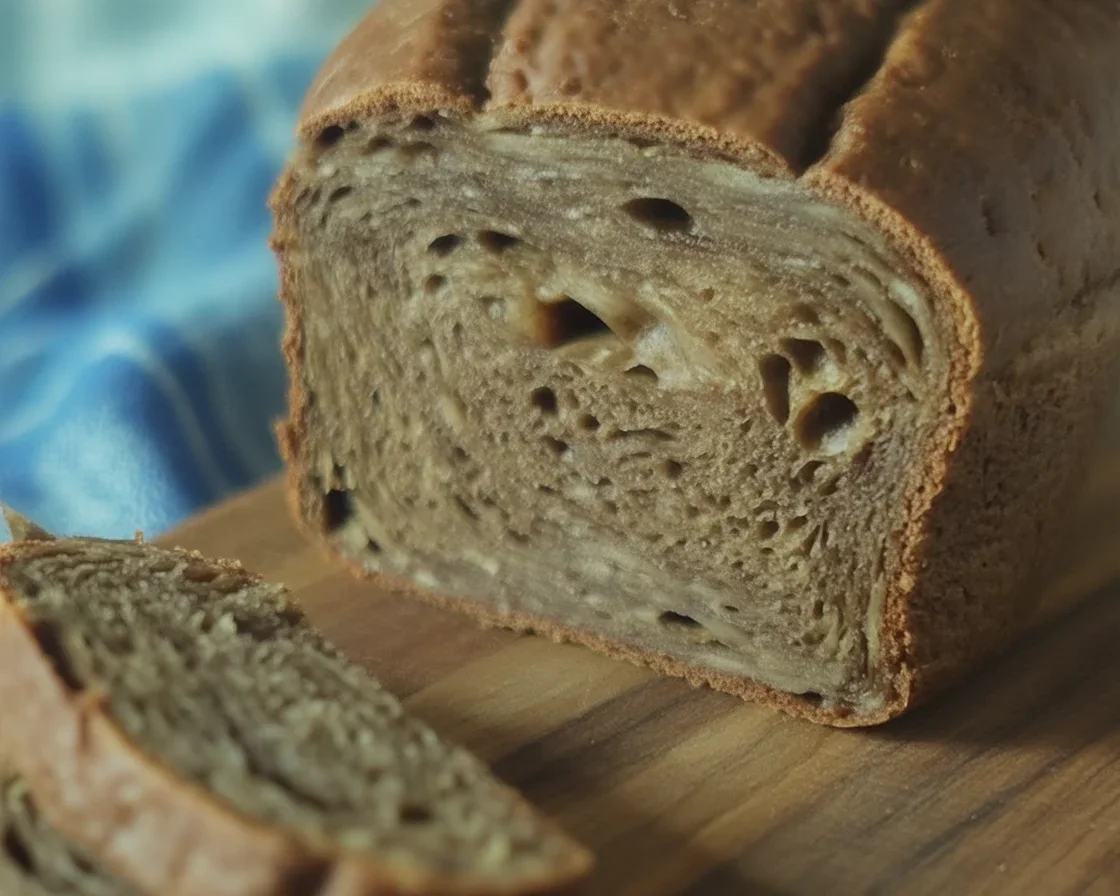 Loaf of gluten free pumpernickel bread, perfect for sandwiches and toasting.