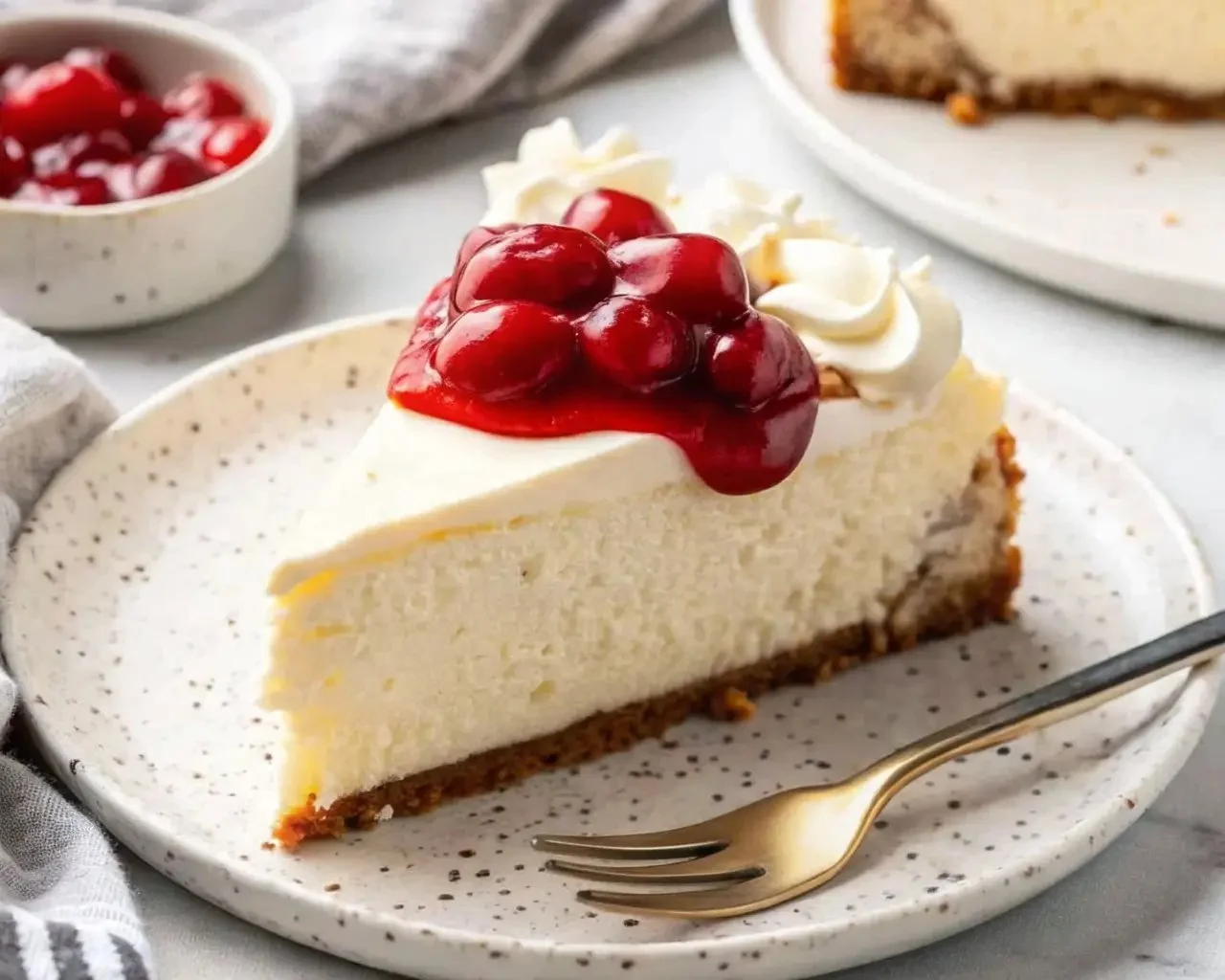 Delicious gluten free cheesecake topped with fresh berries and whipped cream.