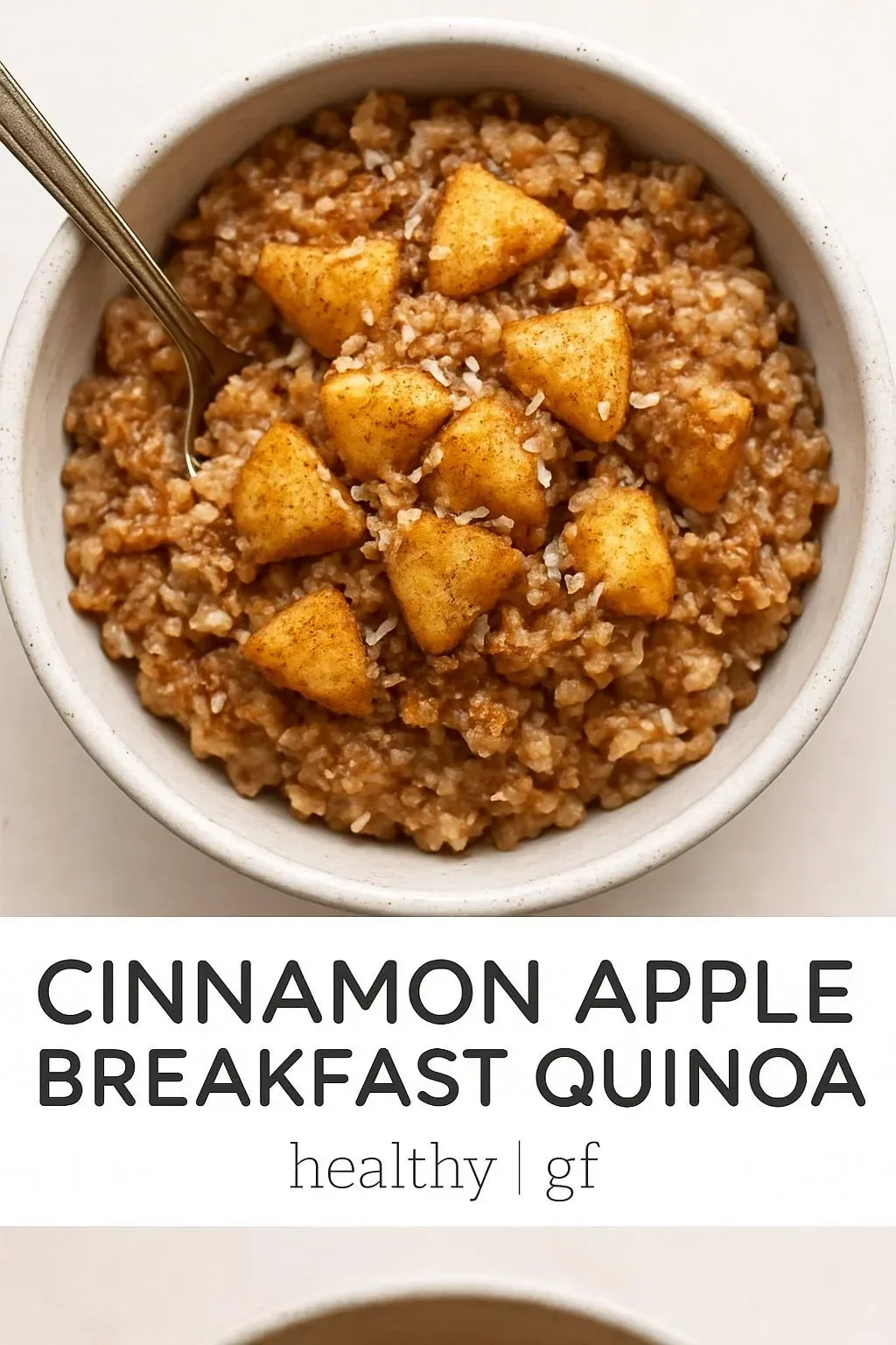 Delicious bowl of Cinnamon Apple Breakfast Quinoa topped with fresh apples and cinnamon.