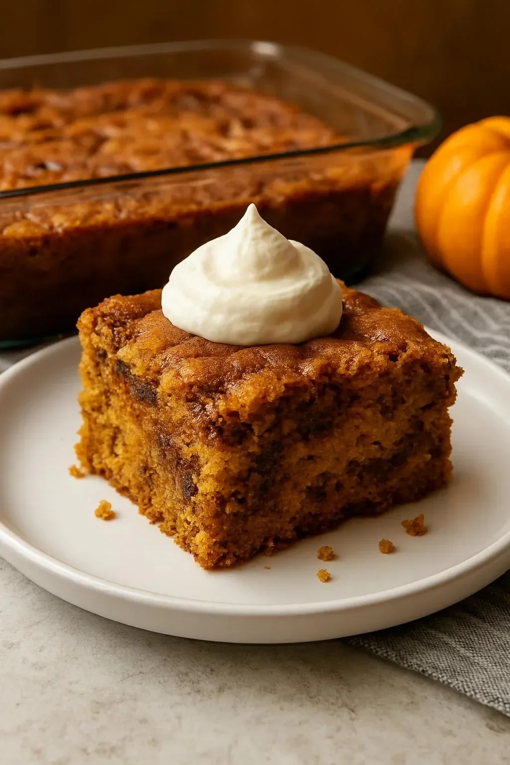 Gluten-free pumpkin dump cake with dairy-free option, served in a cozy setting