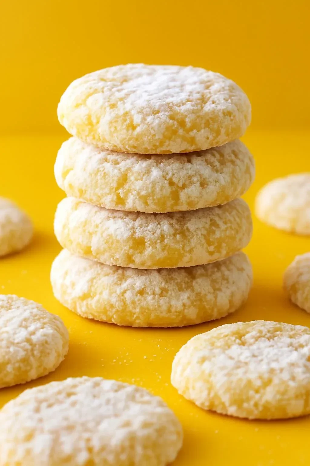 Flourless lemon pixie cookies on a plate, showcasing their bright yellow color.