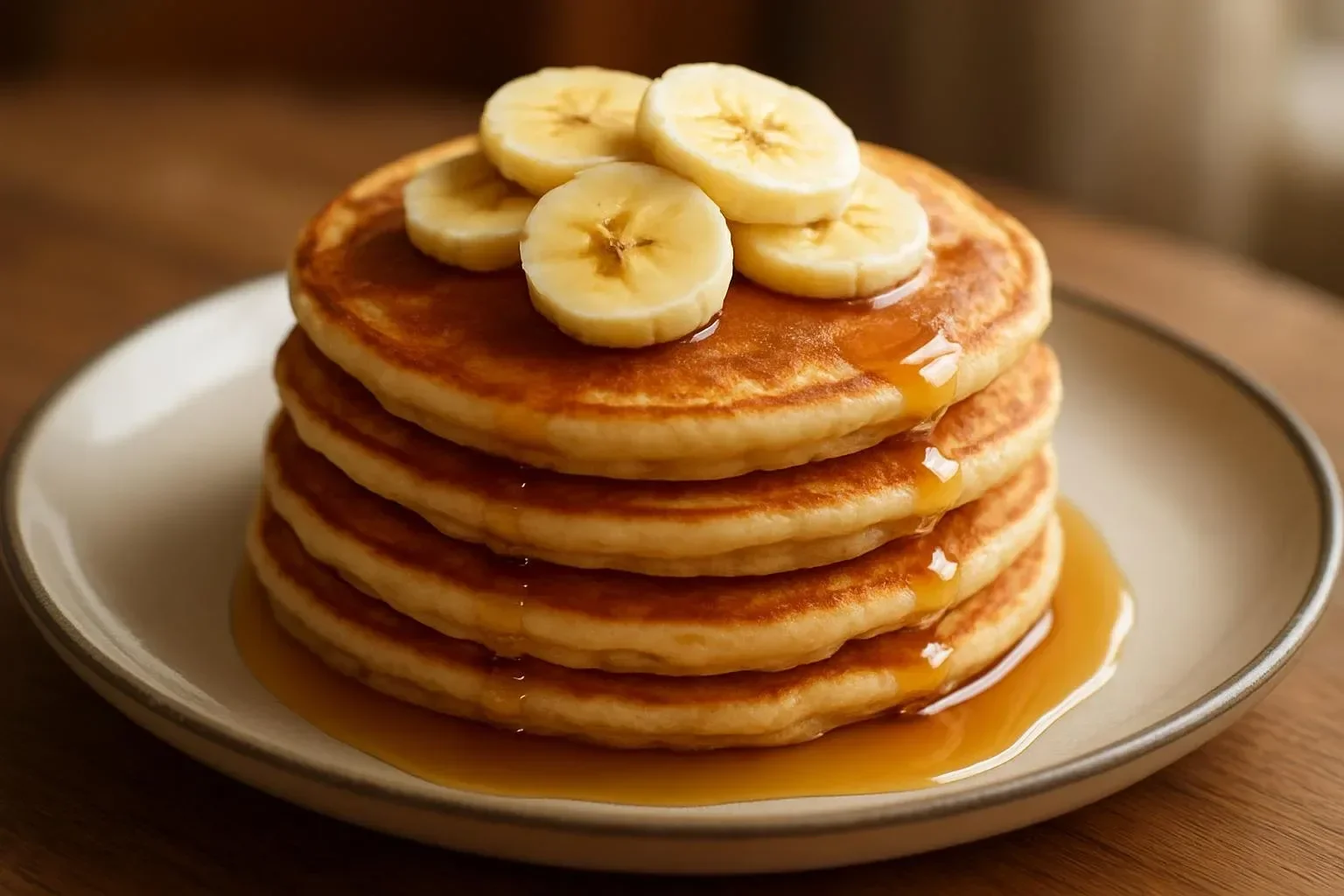 Delicious gluten-free banana pancakes stacked on a plate with syrup and fruit.