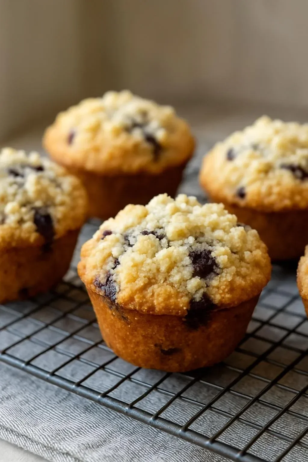 Freshly baked gluten free blueberry muffins on a cooling rack