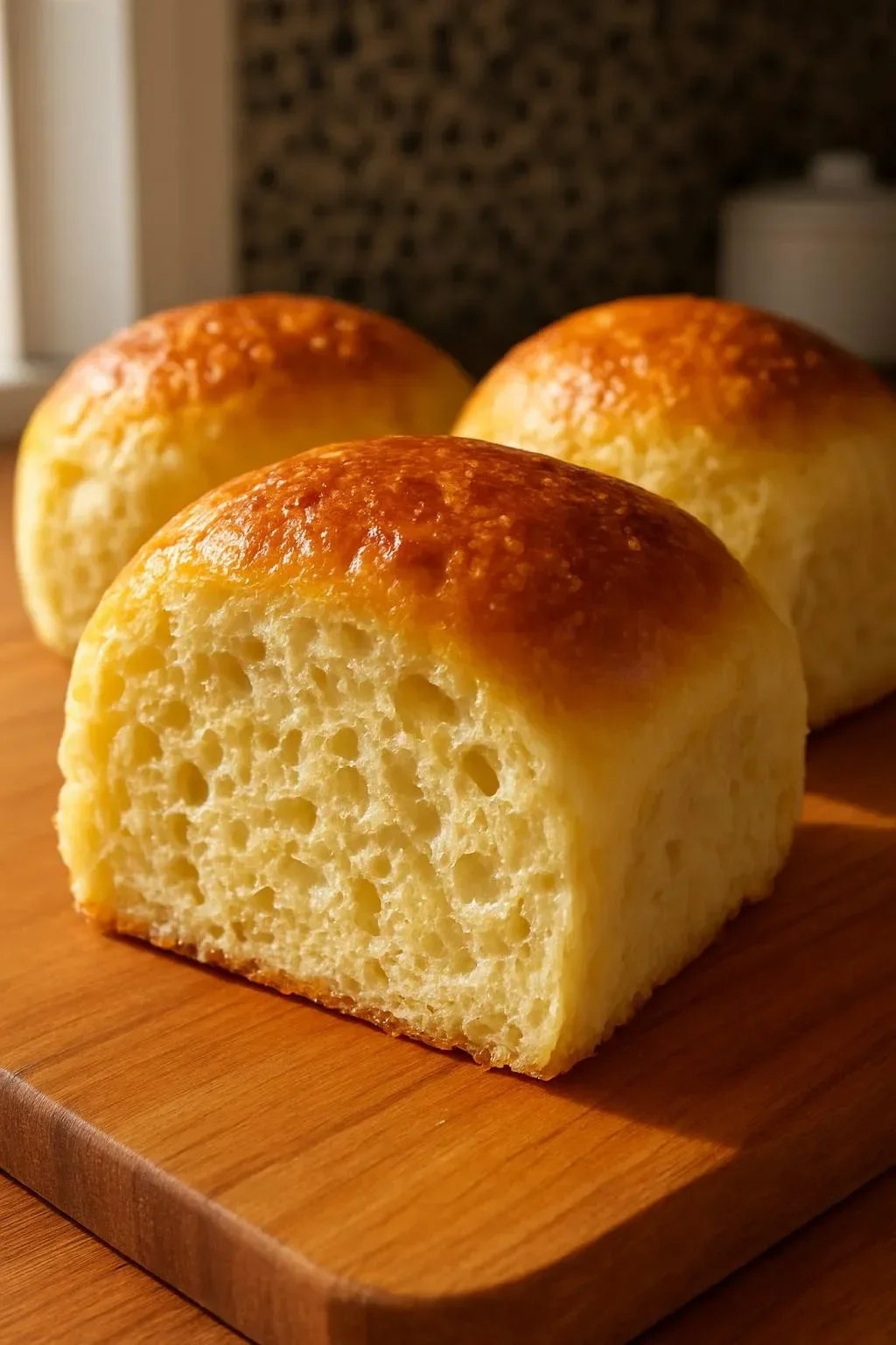 Freshly baked gluten free bread rolls on a wooden table