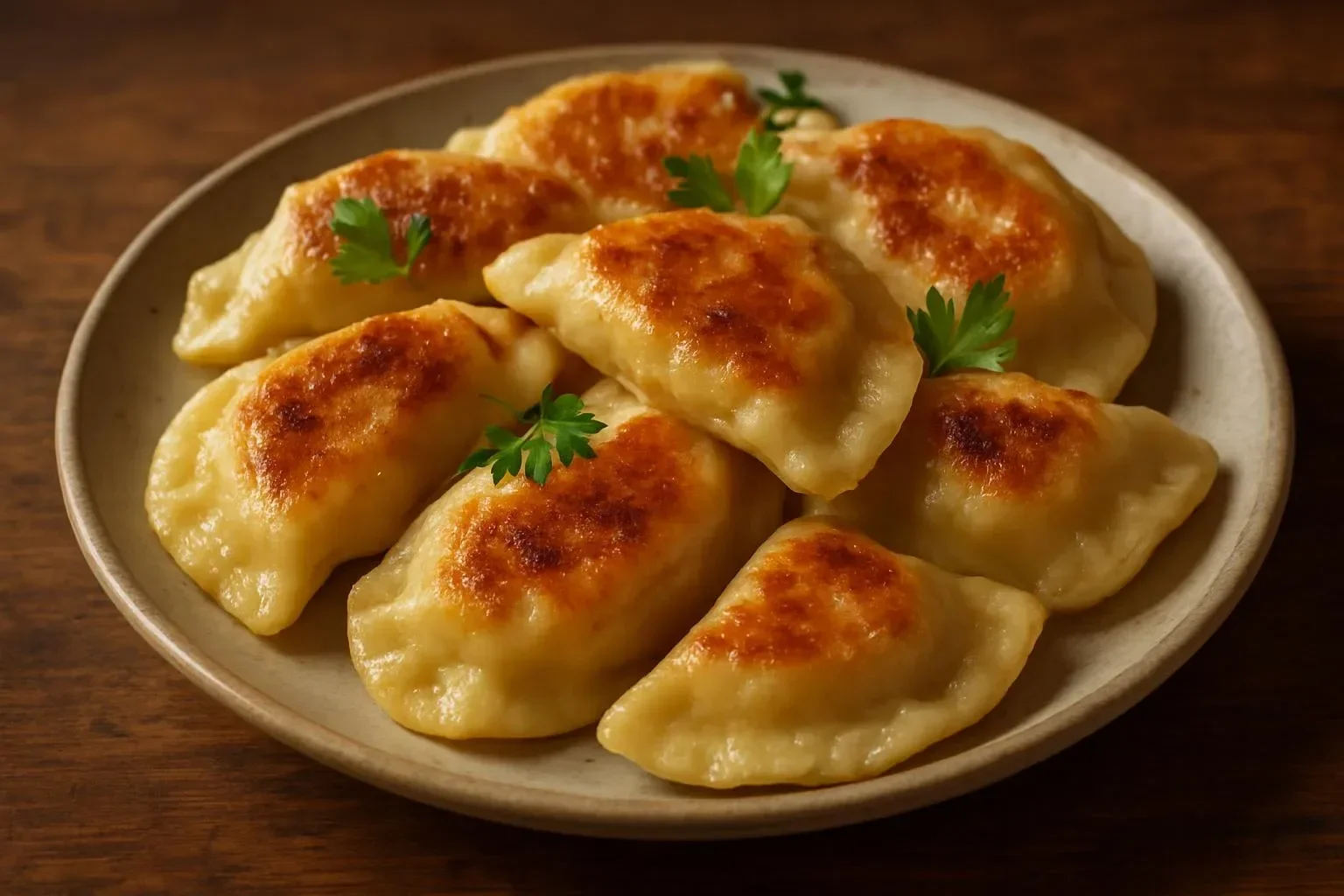 Plate of gluten free perogies filled with potatoes and cheese.