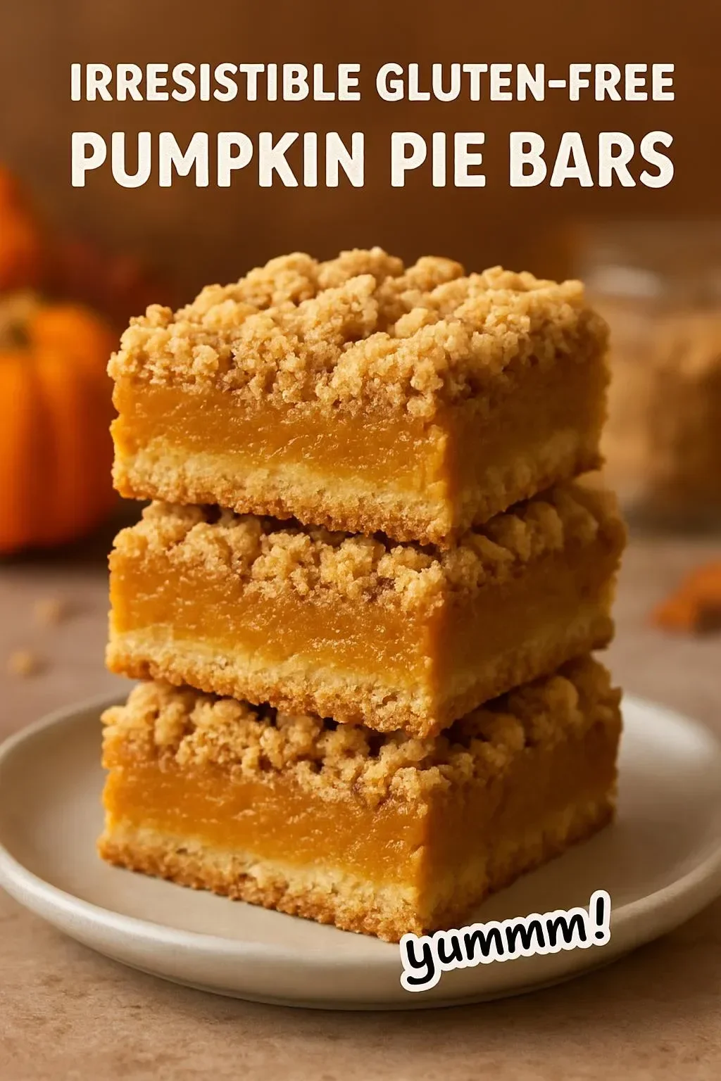 Delicious gluten-free pumpkin pie bars topped with whipped cream.