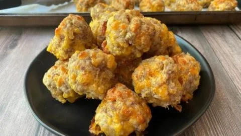Plate of gluten free sausage balls, a tasty party snack.