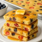 Gluten free sheet pan pancake sliced and served on a plate