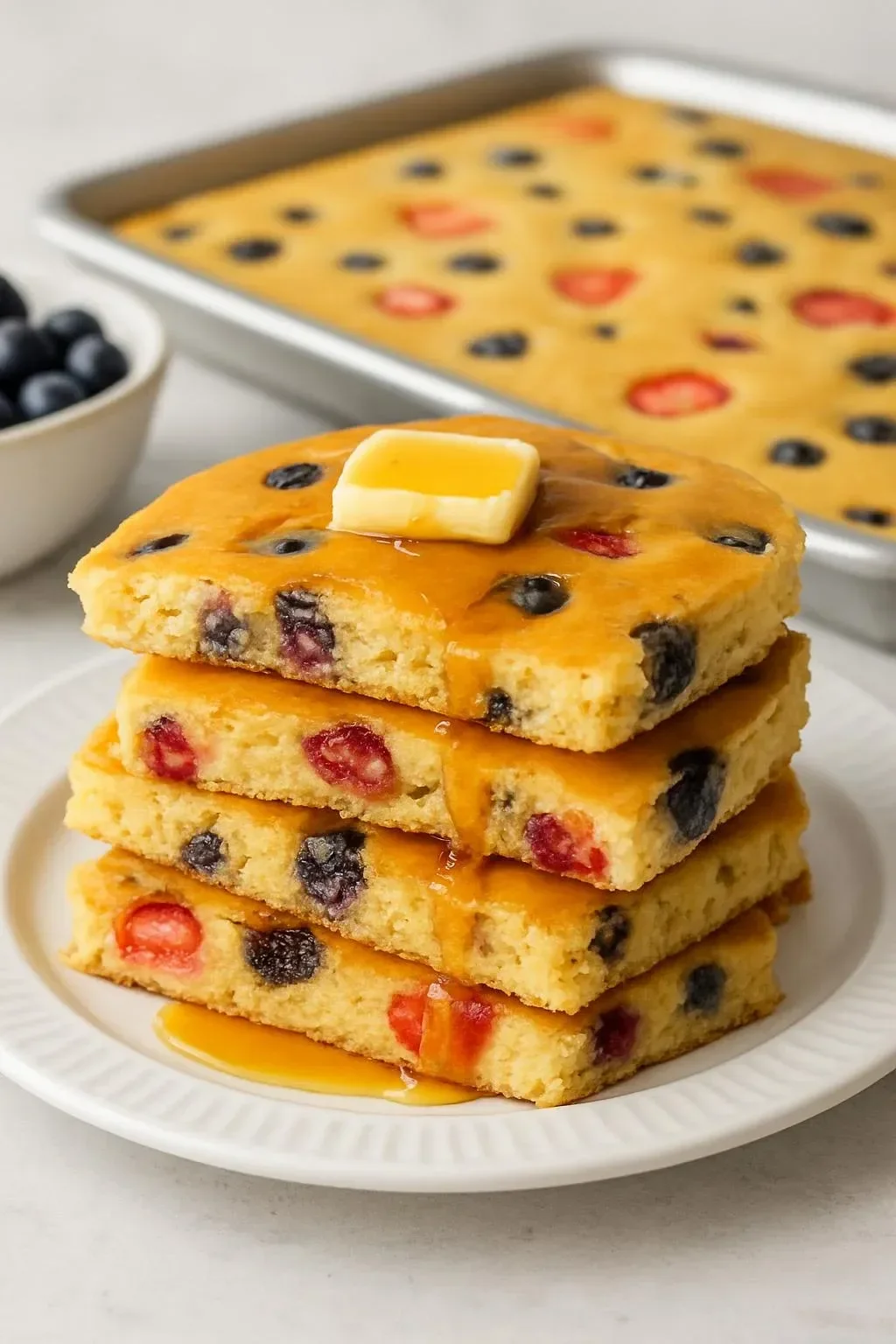 Gluten free sheet pan pancake sliced and served on a plate