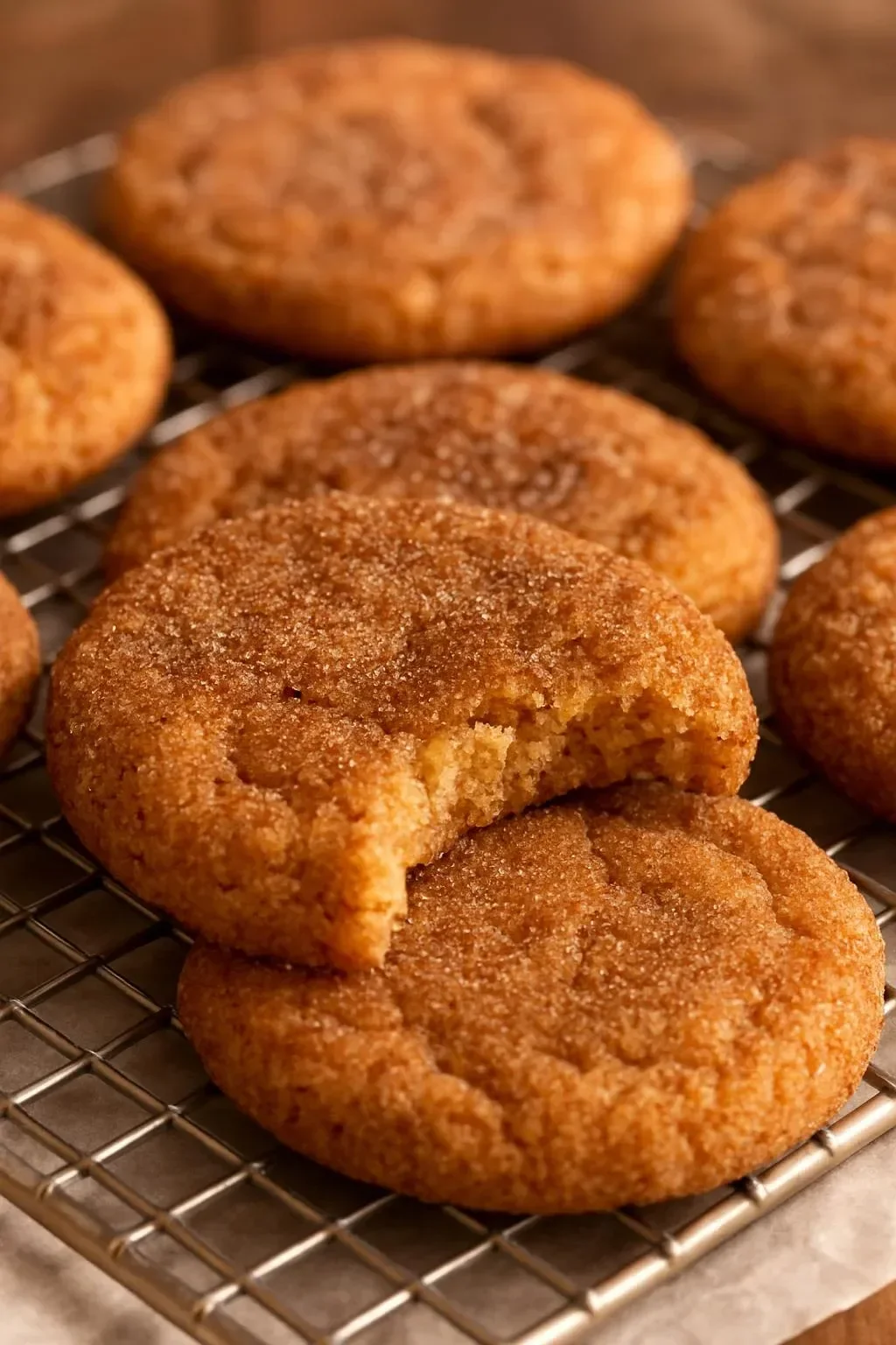 Freshly baked Gluten Free Snickerdoodle cookies, coated in cinnamon sugar.