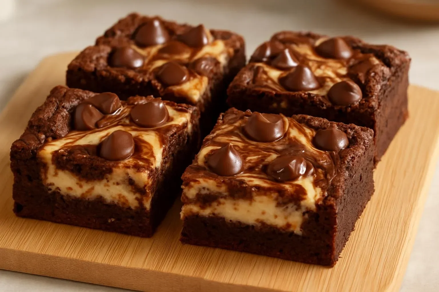 Healthier cream cheese swirl brownies topped with chocolate, a delicious dessert option.