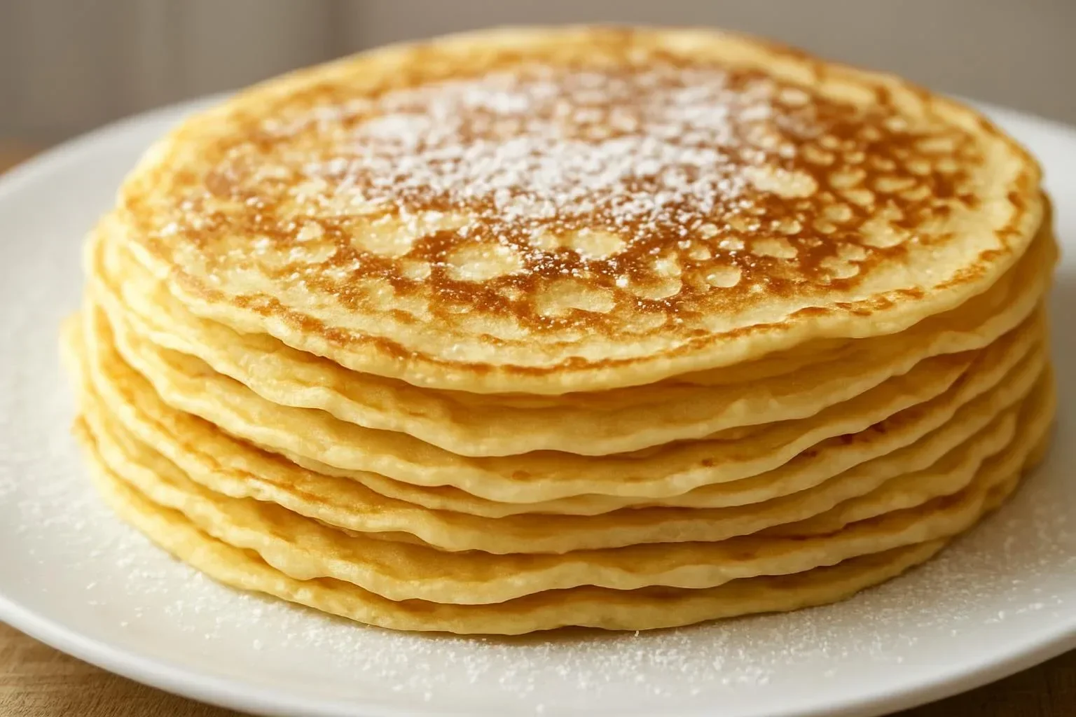 A stack of golden gluten-free crêpes on a plate, ready to be enjoyed.