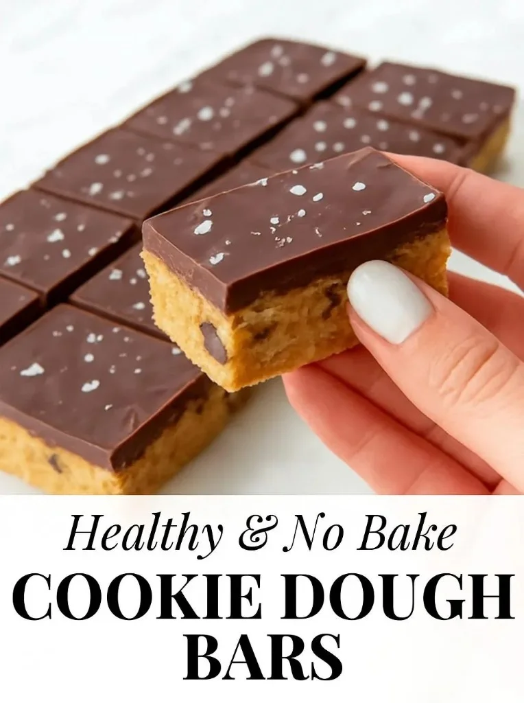 Delicious no bake cookie dough bars topped with chocolate chips.